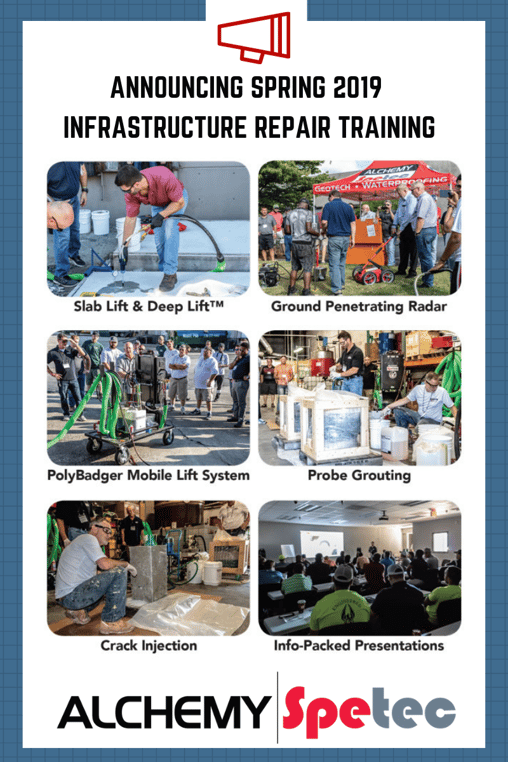 Leak Seal & Geotech Training Event - March 14 & 15, 2019 at Alchemy-Spetec HQ in Tucker, GA. A thorough education in Leak Seal, Slab Lifting, Soil Stabilization and the Alchemy-Spetec Deep Lift™ process. You’ll get hands-on training from a technical staff with decades of on-the-job experience.